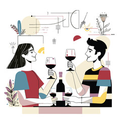 Man woman enjoying wine glasses, sitting across table, cheerful faces, modern style colorful vector illustration. Couple toasting red wine, date night, minimalist artistic elements, abstract