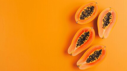 Four halved papaya fruits arranged on a vibrant orange background with copy space on the left side. The papaya halves show their bright orange flesh and black seeds