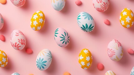 Poster - A flat lay of colorful Easter eggs decorated with geometric and floral patterns on a pink background