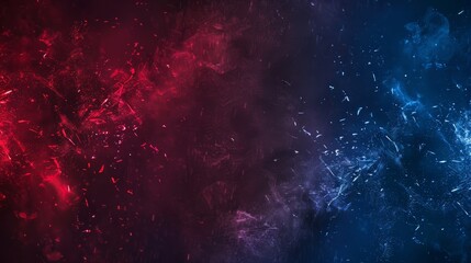 Poster - a dramatic, high-contrast photograph of red and blue fireworks exploding in the night sky, creating 