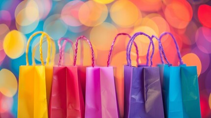 Poster - A row of colorful paper shopping bags with vibrant bokeh background. Copyspace on the left side of the composition