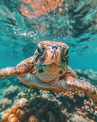 Wall Mural - Sea Turtle Swimming Through Coral Reef