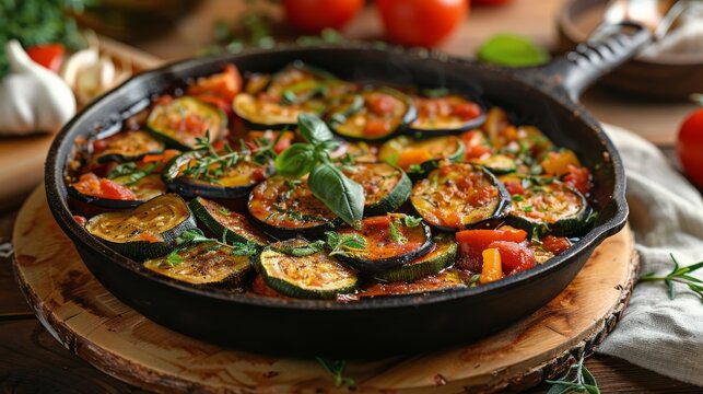 Roasted Tomato, Zucchini, and Eggplant Casserole in a Cast Iron Skillet