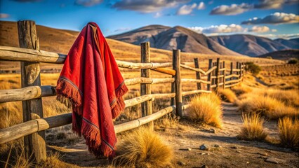 Rugged, sun-scorched landscape with a worn, crimson poncho draped over a vintage, wooden fence, awaiting the return of its absent gaucho owner.