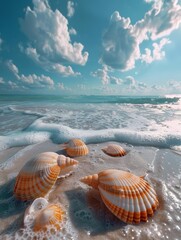 Wall Mural - Seashells on Sandy Beach Under Blue Sky With White Clouds