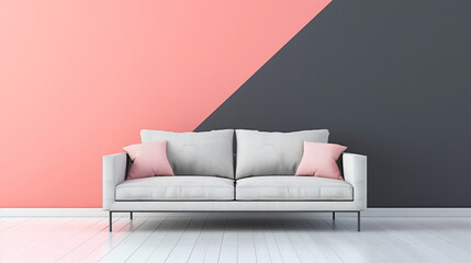 Wall Mural - Minimalist living room and white sofa is sitting in front of a pink and pastel black wall