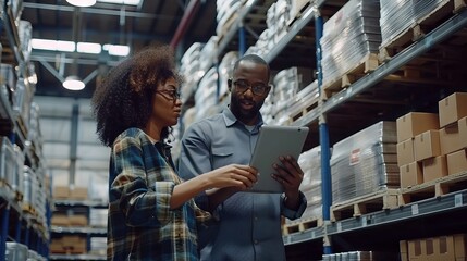 A distribution warehouse manager and a client businesswoman assess inventory storage on a shelf using a digital tablet. 