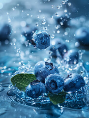 Wall Mural - Fresh juicy large blueberries fall into the water. Splash of water, drops of water. Blue background. Freshness, refreshing drinks, juice. Concept for juice, cosmetics, advertising.