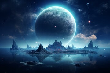 Breathtaking digital artwork of an alien landscape with an enormous planet and starry sky reflecting in water