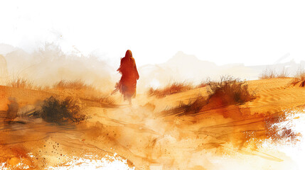 Wall Mural - Digital watercolor painting of Jesus walking through a vast desert landscape, sand dunes stretching to the horizon, a solitary figure against the vastness of the wilderness