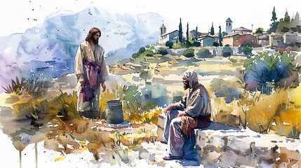Wall Mural - Digital watercolor painting of Jesus Watercolor painting, Jesus sitting by a well talking to the Samaritan woman, village and rolling hills in the background, midday sun shining