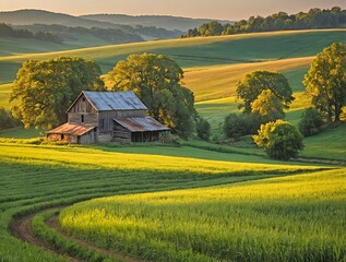 Poster - a barn on a hill next to trees and green grass