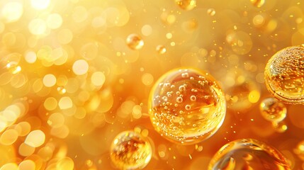golden yellow abstract oil bubbles or face serum background. oil and water bubbles .golden yellow bu