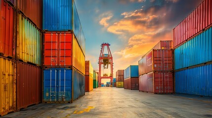 Wall Mural - Stacks of cargo freight containers at a port