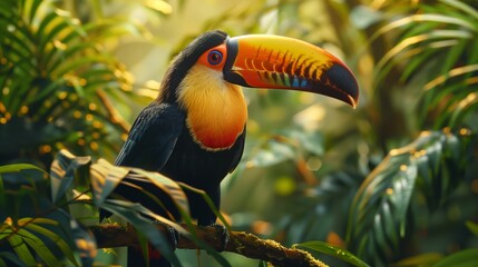 Toucan bird in the rainforest, with a closeup on its colorful beak and body sitting on a tree branch, against a natural green background with leaves and jungle vegetation.