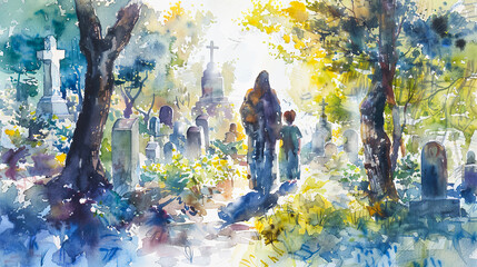 Digital watercolor painting of Jesus Watercolor painting, Jesus comforting a grieving family in a modern cemetery, soft light filtering through trees, serene and compassionate mood