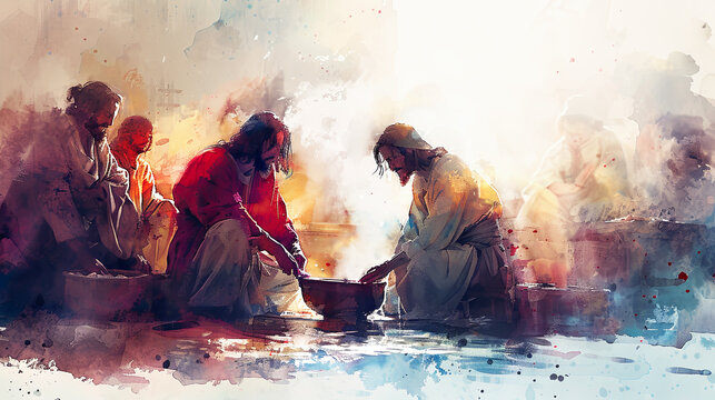Digital watercolor painting of Jesus Watercolor painting, Jesus washing the feet of his disciples, warm light filling the room, expressions of humility and reverence