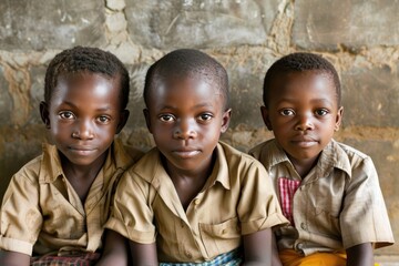 Captivating African Kids Seated Inside for Learning, Three Endearing African School Pupils. Generative Ai