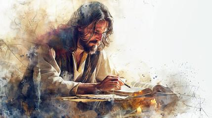 Digital watercolor painting of Jesus seated at a simple wooden desk, surrounded by scrolls and parchments, deep in thought as he studies ancient texts, candlelight casting a warm glow on his face