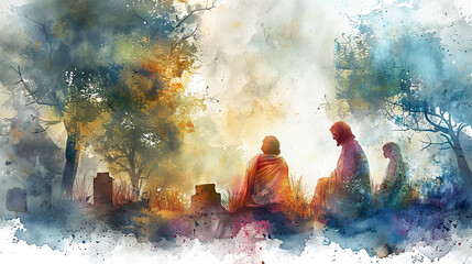 Digital watercolor painting of Jesus Watercolor painting, Jesus comforting a grieving family at a cemetery, soft light filtering through trees, serene and compassionate mood