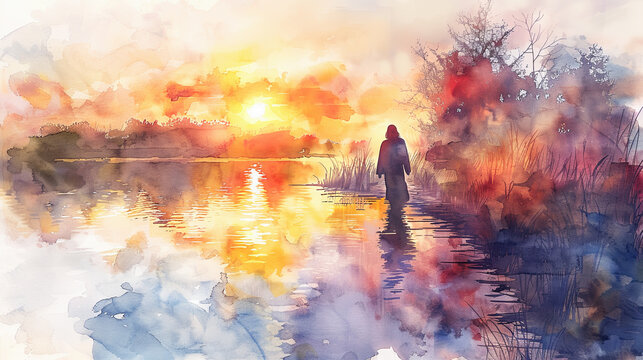 Digital watercolor painting of Jesus Watercolor painting, Jesus walking on a path by a tranquil lake at sunset, soft reflections on the water, peaceful and serene atmosphere