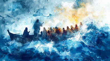 Digital watercolor painting of Jesus Watercolor painting, Jesus calming a stormy sea, disciples watching in awe from a boat, dramatic clouds and waves, powerful and miraculous mood