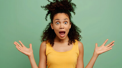 Young surprised fun shocked woman of African American ethnicity wear yellow tank shirt top look camera spread hands say wow isolated on plain pastel light green background studio. Lifestyle concept.