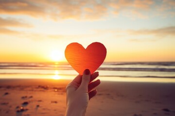 Poster - Hand holding a cut out of heart shaped paper against a sunset beach sunlight sky tranquility.