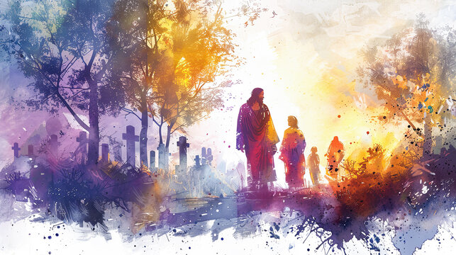 Digital watercolor painting of Jesus Watercolor painting, Jesus comforting a grieving family in a modern cemetery, soft light filtering through trees, serene and compassionate mood