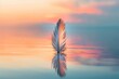© Jenjira - A feather standing upright on a calm reflective surface during sunset, creating a serene and tranquil atmosphere with soft pastel colors.
