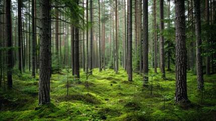 A dense pine forest in northern Europe, with tall trees and mosscovered ground, showcasing the natural beauty of an old growth woodland