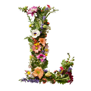 Elegant shot of text Letters L crafted in flowers on a clean, isolated on transparent background	