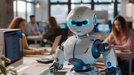 A white humanoid robot with no face is sitting at an office desk