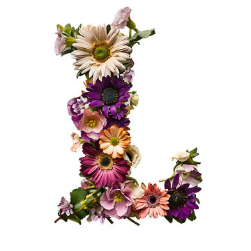 Elegant shot of text Letters L crafted in flowers on a clean, isolated on transparent background	