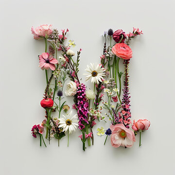 Elegant shot of text Letters M crafted in flowers on a clean, on white background	