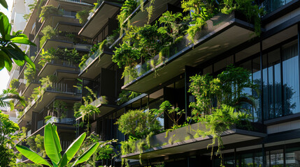 Sticker - A modern apartment building adorned with lush greenery on its balconies, embodying urban sustainability and contemporary architecture.