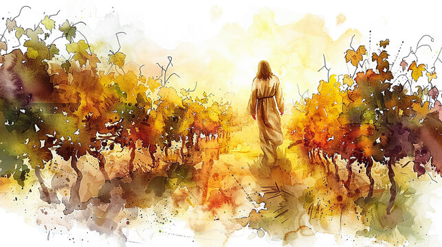 Digital watercolor painting of Jesus standing at the edge of a sun-drenched vineyard, rows of grapevines stretching toward the horizon, the leaves rustling gently in the breeze