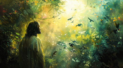 Wall Mural - Digital watercolor painting of Jesus standing at the edge of a lush, tropical rainforest, sunlight filtering through the dense canopy