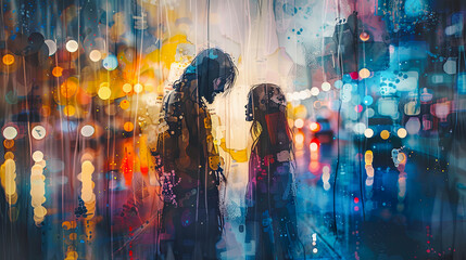Wall Mural - Digital watercolor painting of Jesus Watercolor painting, Jesus standing in the rain, comforting a sad woman, reflections of city lights on wet pavement, compassionate and hopeful atmosphere