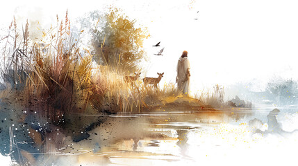 Wall Mural - Digital watercolor painting of Jesus standing on the banks of a gently flowing river, tall grasses swaying in the breeze, a family of deer drinking from the water's edge