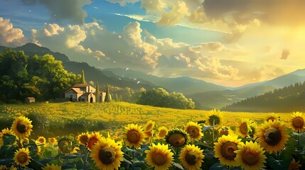 Wall Mural - a beautiful view of sunflower in the farm of sunflowers