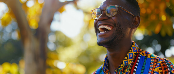 Close-up of a joyous man wearing colorful attire and glasses, exuding happiness under a sunlit canopy.