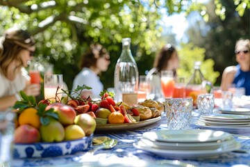 Poster - Against the backdrop of a clear blue sky, friends come together for a sun-kissed brunch outdoors. Plump fruits, flaky pastries, and cool beverages