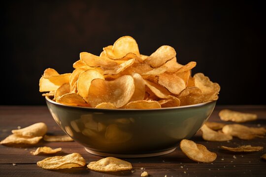 Bowl filled with crunchy potato chips on a wooden surface with scattered crumbs