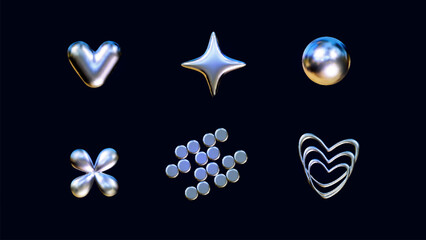 Wall Mural - a vector image of six metallic shapes, including a heart, a star, a sphere, a flower, a cluster of c