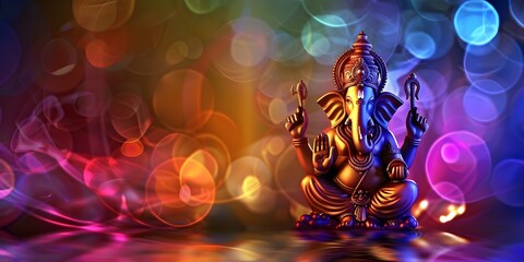 Colorful blurry background with Hindu Lord Ganesha statue for festive decoration. Concept Festive Decor, Blurry Background, Hindu Culture, Lord Ganesha Statue, Colorful Props