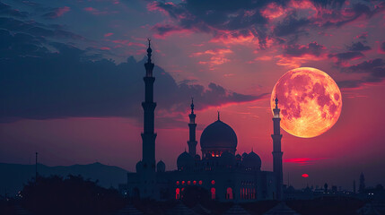 Generate a picture of a mosque silhouette against the backdrop of the Eid moon, evoking a sense of spirituality and celebration.