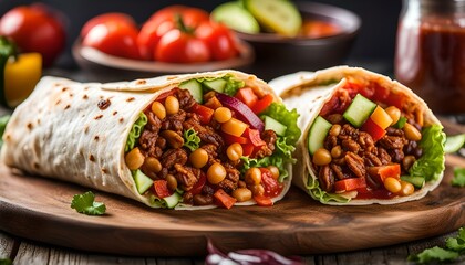 Spicy burrito with red salsa lettuce and vegetables, Traditional Mexican food, burritos with meat and beans, selective focus of beef steak burritos with vegetable, Burrito, Burrito wrap, Shawarma
