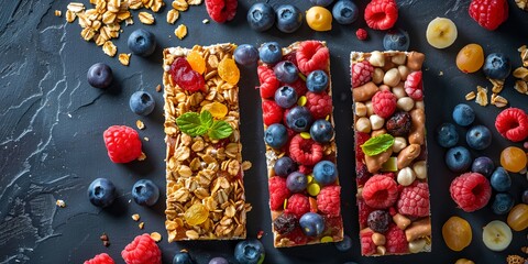 Wall Mural - variety of fruits and cereals are arranged on a table top, including a bar of granola
