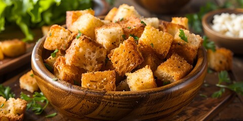 Wall Mural - bowl of bread cubes with parsley on top of it